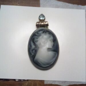 Lady Carved Portrait Necklace Charm With Blue Gem